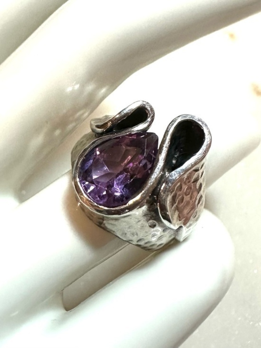 Amethyst Teardrop Pear Cut Sculptural Hammered Wave Sterling Silver Ring
